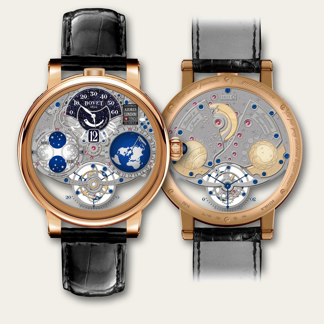 Red-gold Récital 18 Shooting Star shown front and back side by side: the Earth and moon displays on the dial, and two gold domes over hand-engraved stars on the movement side