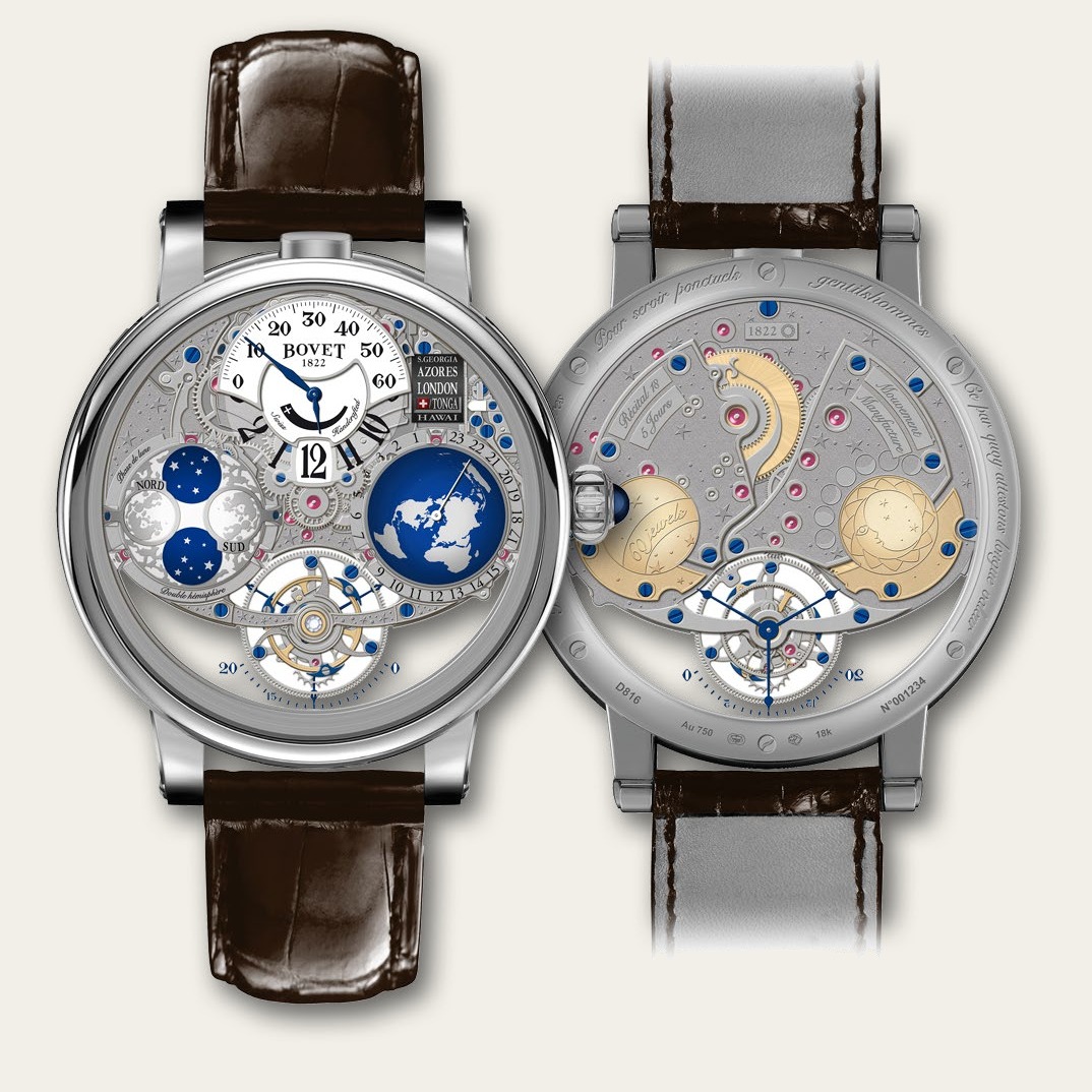 White-gold Récital 18 Shooting Star shown front and back side by side, with the Earth and moon displays on the dial and two gold domes over engraved stars on the movement side
