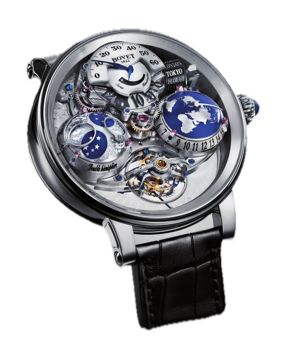 Bovet Récital 18 Shooting Star in white gold on a black alligator strap: blue Earth hemisphere at 3, moon hemisphere at 9, jumping hours and retrograde minutes at 12, tourbillon at 6