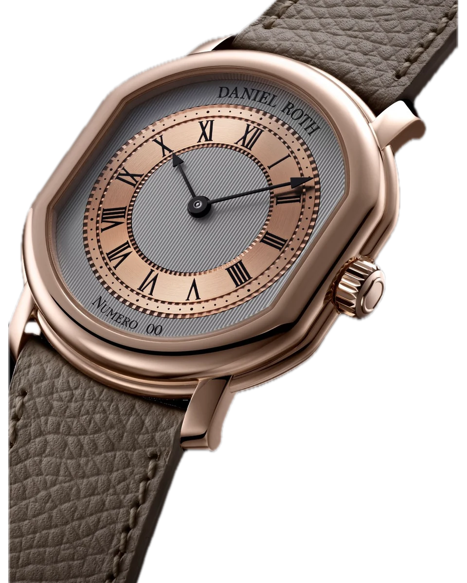 Daniel Roth Extra Plat Rose Gold on a taupe leather strap: double-ellipse rose-gold case, two-tone guilloché dial, black Roman numerals, individual number line at six