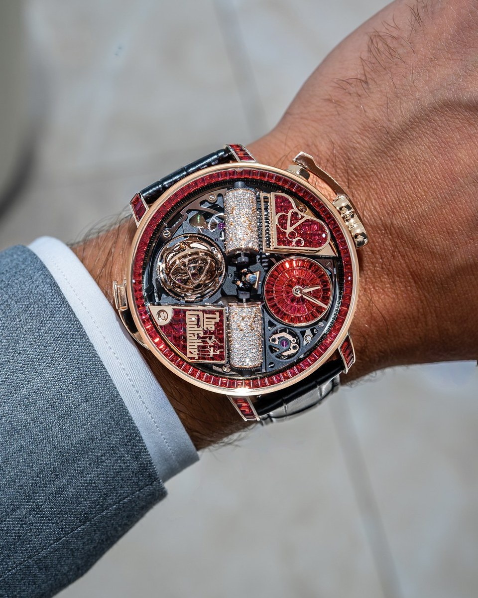 Jacob & Co. Opera Godfather Baguette in red sapphires, worn and seen straight on