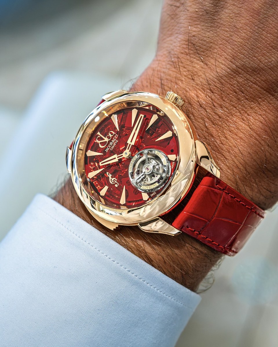 Jacob & Co. Palatial Flying Tourbillon Minute Repeater in rose gold with a red dial, worn