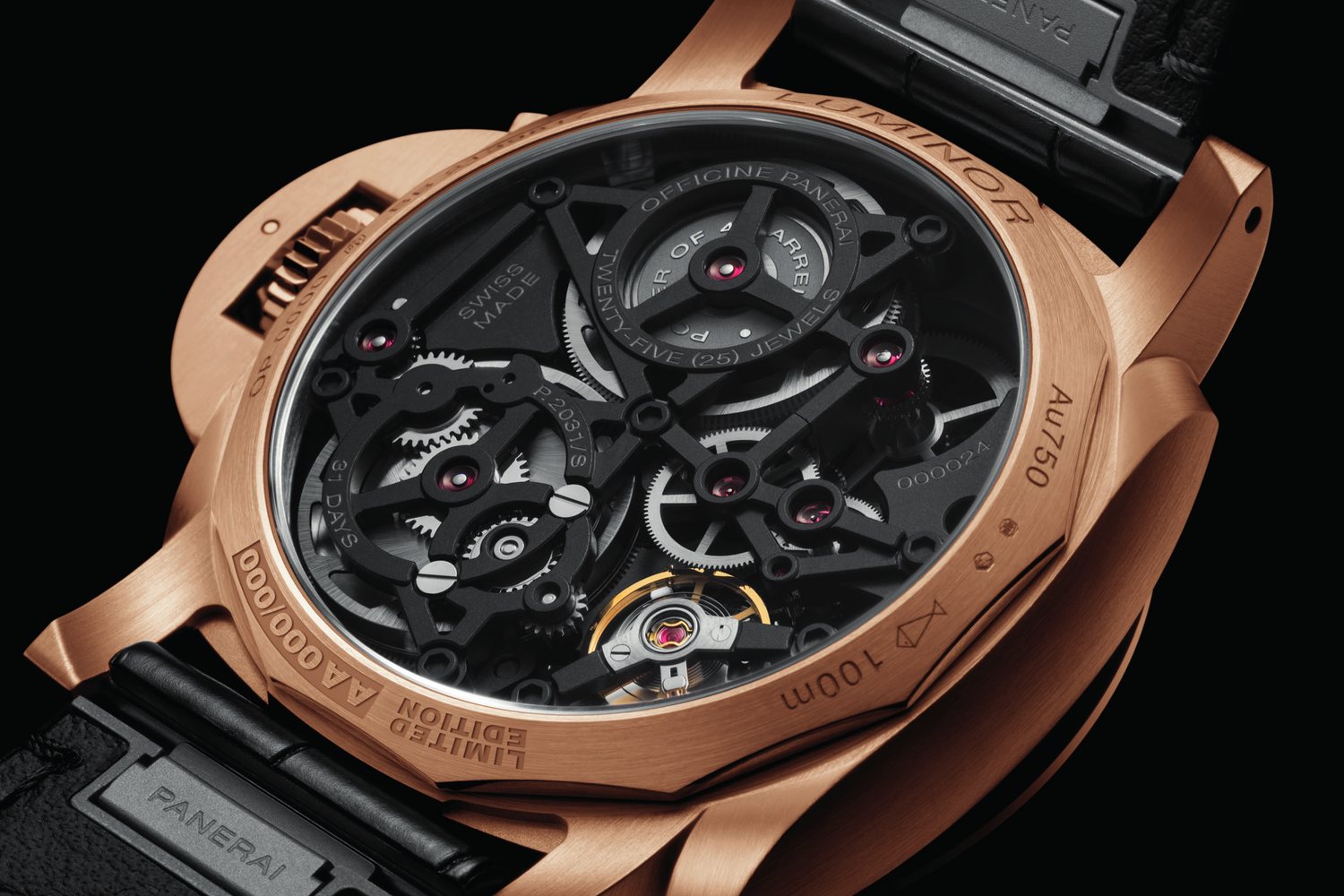 The P.2031/S calibre through the caseback's sapphire window, openworked bridges and jewels of the hand-wound movement