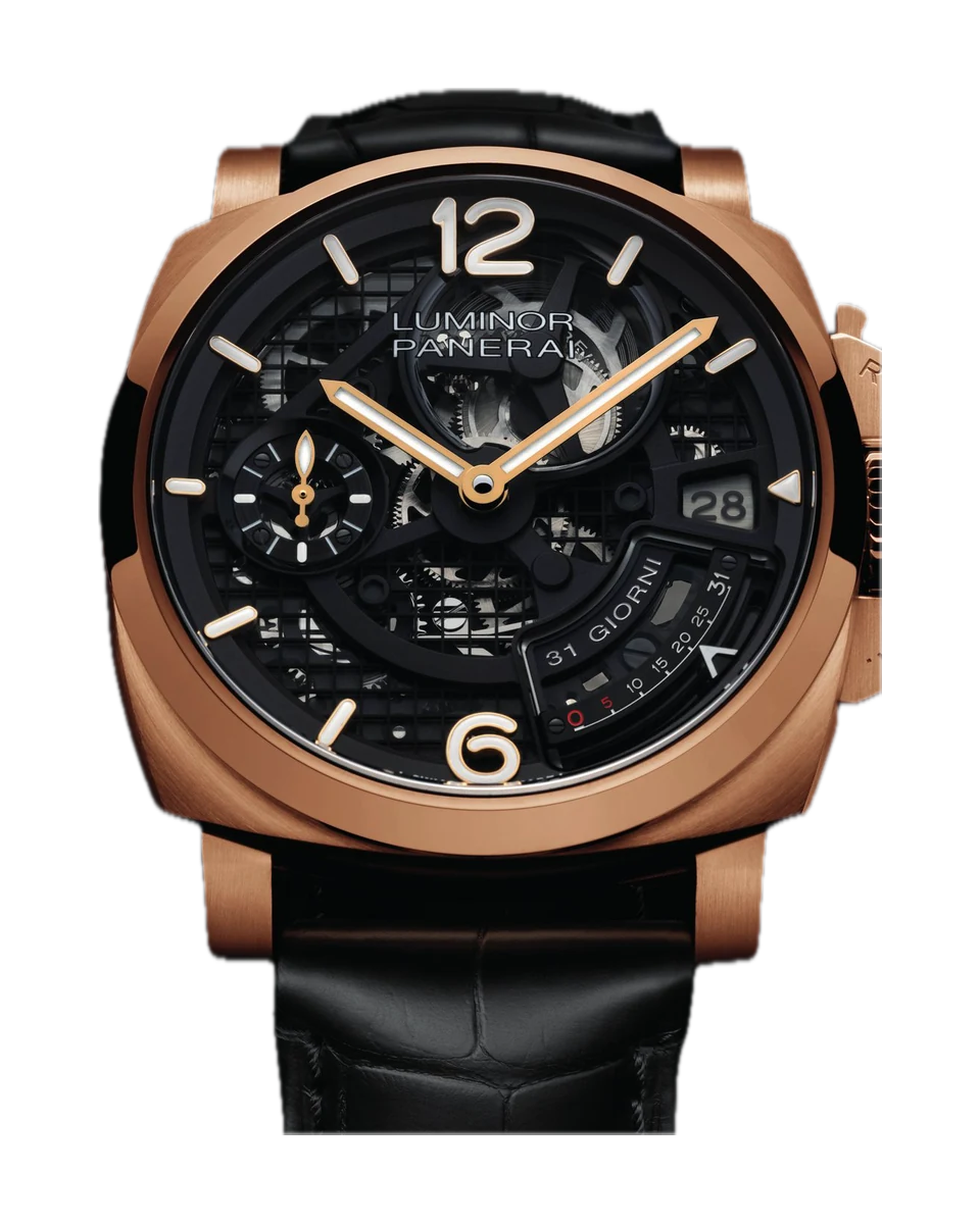 Panerai Luminor 31 Giorni PAM01631 in red-gold Goldtech on a black alligator strap, skeleton dial, crown-protecting bridge on the right