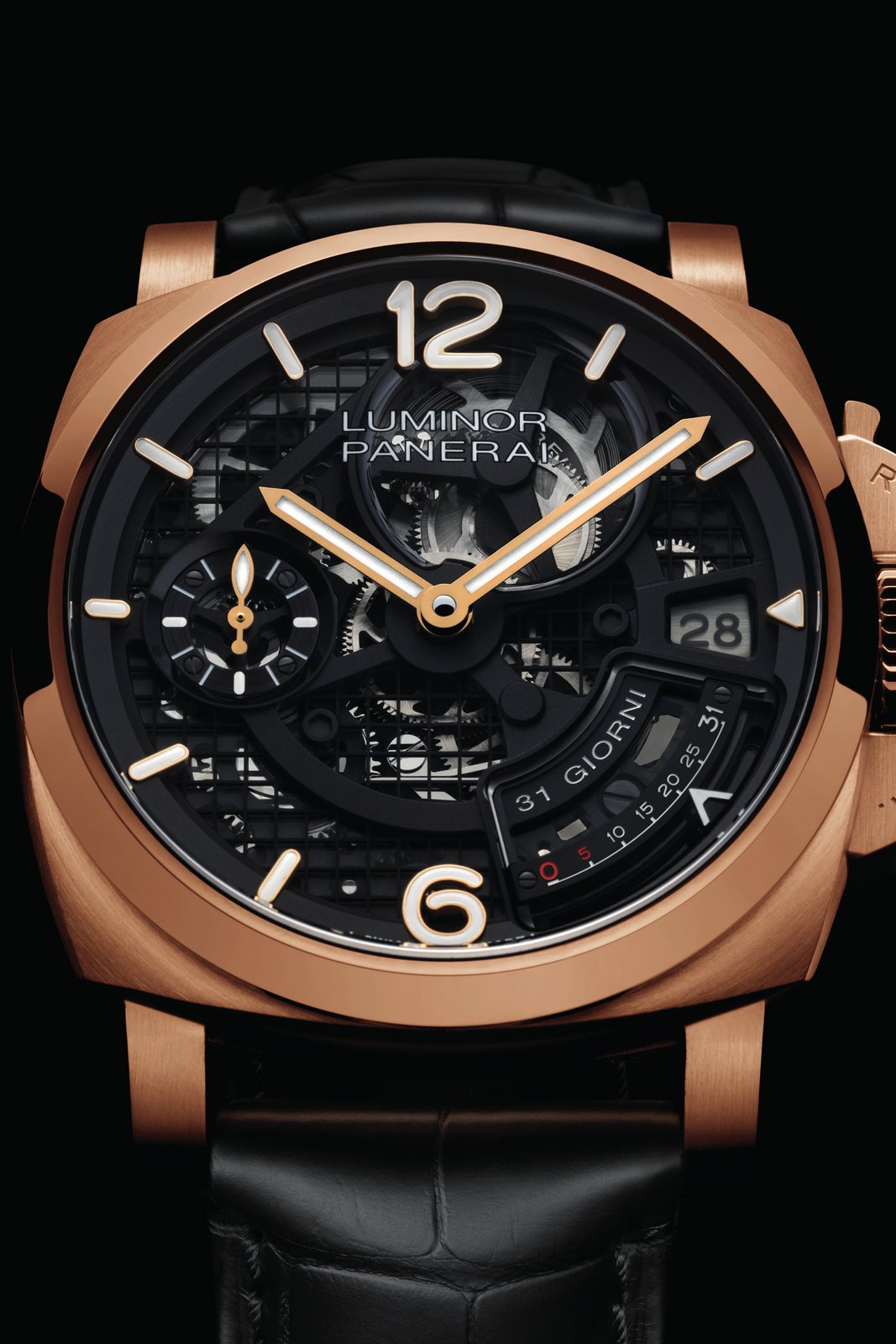 Panerai Luminor 31 Giorni PAM01631 in red-gold Goldtech on a black alligator strap, skeleton dial, crown-protecting bridge on the right